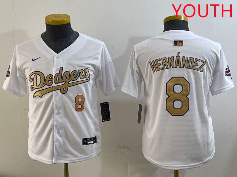 Youth Los Angeles Dodgers 8 Hernandez White Champion gold character 2025 Nike MLB Jersey style 1